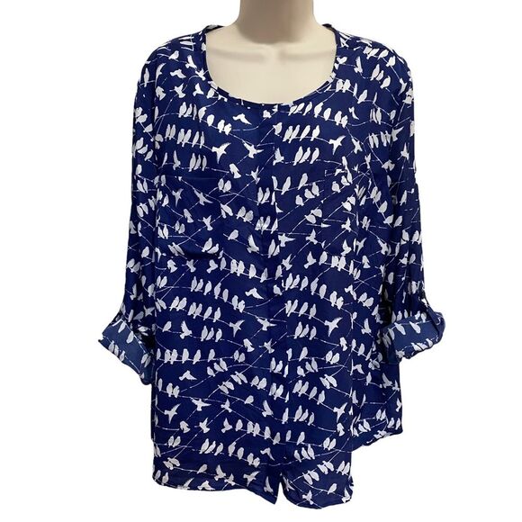 Elementz Birds on a Wire Button Front Blouse Convertible Sleeves Blue Sz XL - Picture 1 of 8